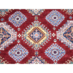 8'1"x10' Deep Red Soft Afghan Wool Hand Knotted Super Kazak With Geometric Design Oriental Rug FWR408348