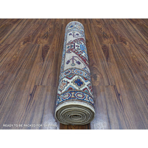 2'7"x9'8" Super Kazak With Tribal Medallions Design Light Brown Pure Wool Hand Knotted Oriental Runner Rug FWR409038