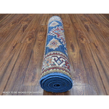 Load image into Gallery viewer, 2&#39;8&quot;x10&#39;5&quot; Hand Knotted Denim Blue Extra Soft Wool Super Kazak With Tribal Medallions Design Oriental Runner Rug FWR409080