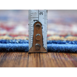 2'8"x10'5" Hand Knotted Denim Blue Extra Soft Wool Super Kazak With Tribal Medallions Design Oriental Runner Rug FWR409080