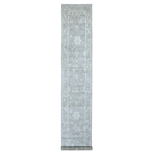 2'9"x16' Gray Hand Knotted Angora Oushak with All Over Design Soft Afghan Wool Oriental XL Runner Rug FWR410442