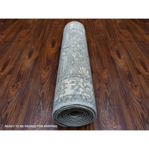2'6"x9'9" Hand Knotted Gray Afghan Peshawar With All Over Heriz Design Extra Soft Wool Oriental Runner Rug FWR411576