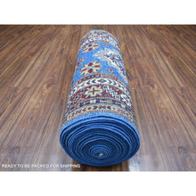 Load image into Gallery viewer, 2&#39;10&quot;x37&#39;2&quot; Super Kazak With Tribal Medallions Design Hand Knotted Soft Organic Wool Faded Blue Oriental Xl Runner Rug FWR411600