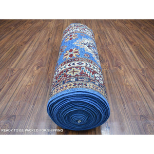 2'10"x37'2" Super Kazak With Tribal Medallions Design Hand Knotted Soft Organic Wool Faded Blue Oriental Xl Runner Rug FWR411600
