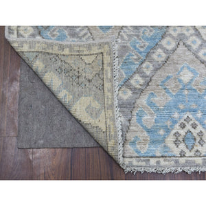 4'x11'7" Gray With Pop Of Blue Anatolian Village Inspired Geometric Design Hand Knotted Organic Wool Oriental Wide Runner Rug FWR411624
