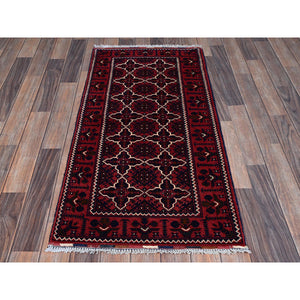 2'2"x4'4" Berry Red, Afghan Khamyab with Geometric Design, Hand Knotted, Soft and Shiny Wool, Vegetable Dyes, Short Runner, Oriental Rug Sh686 FWR4116