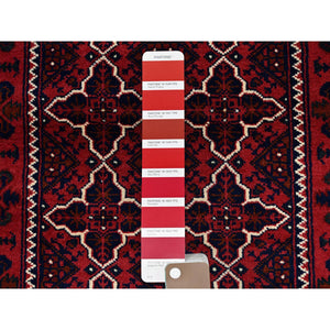 2'2"x4'4" Berry Red, Afghan Khamyab with Geometric Design, Hand Knotted, Soft and Shiny Wool, Vegetable Dyes, Short Runner, Oriental Rug Sh686 FWR4116