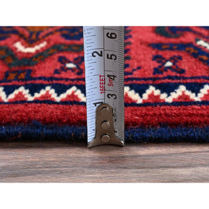 2'2"x4'4" Berry Red, Afghan Khamyab with Geometric Design, Hand Knotted, Soft and Shiny Wool, Vegetable Dyes, Short Runner, Oriental Rug Sh686 FWR4116