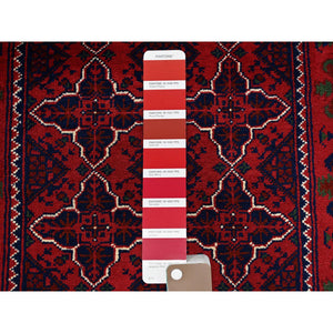2'3"x4'8" Chili Red, Hand Knotted, Afghan Khamyab With Geometric Pattern, Pure Wool, Natural Dyes, Short Runner, Oriental Rug FWR4122