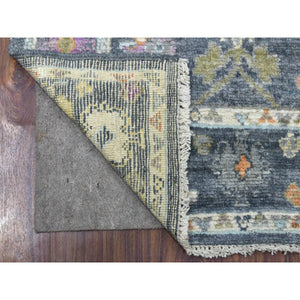 3'3"x10' Hand Knotted Charcoal Black Angora Oushak with Colorful Motifs Organic Wool Oriental Wide Runner Rug FWR413382