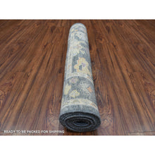 Load image into Gallery viewer, 3&#39;3&quot;x10&#39; Hand Knotted Charcoal Black Angora Oushak with Colorful Motifs Organic Wool Oriental Wide Runner Rug FWR413382