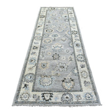 Load image into Gallery viewer, 3&#39;5&quot;x10&#39;2&quot; Afghan Angora Oushak with Floral Motifs Extra Soft Wool Hand Knotted Gunmetal Gray Oriental Wide Runner Rug FWR413802