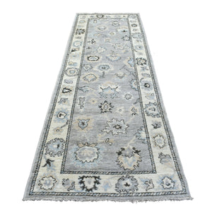 3'5"x10'2" Afghan Angora Oushak with Floral Motifs Extra Soft Wool Hand Knotted Gunmetal Gray Oriental Wide Runner Rug FWR413802