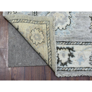 3'5"x10'2" Afghan Angora Oushak with Floral Motifs Extra Soft Wool Hand Knotted Gunmetal Gray Oriental Wide Runner Rug FWR413802