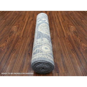 2'7"x11'5" Charcoal Gray, Afghan Angora Ushak With All Over Leaf Design, Hand Knotted, Natural Dyes, Pure Wool Runner Oriental Rug FWR413880
