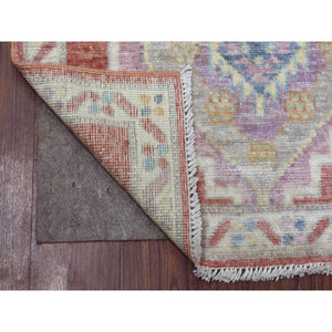 2'10"x9'6" Coral Red Afghan Angora Oushak With Geometric Medallions Design Soft Wool Hand Knotted Oriental Runner Rug FWR413910