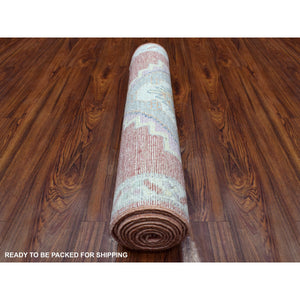 2'10"x9'6" Coral Red Afghan Angora Oushak With Geometric Medallions Design Soft Wool Hand Knotted Oriental Runner Rug FWR413910