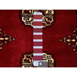 2'6"x9'1" Mori Bokara With Tribal Medallions Design Deep And Rich Red Extra Soft Wool Hand Knotted Oriental Runner Rug FWR415212