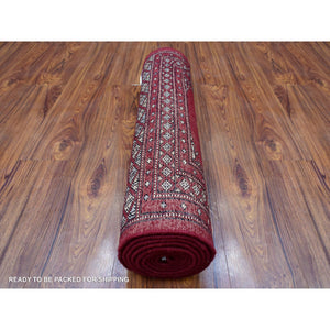 2'6"x9'1" Mori Bokara With Tribal Medallions Design Deep And Rich Red Extra Soft Wool Hand Knotted Oriental Runner Rug FWR415212