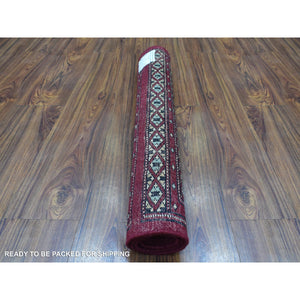 2'7"x3'9" Extra Soft Wool Hand Knotted Mori Bokara With Tribal Medallions Design Deep And Rich Red Oriental Rug FWR415284