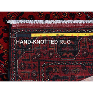 2'3"x5'4" Crimson Red, Afghan Khamyab With Geometric Pattern, Hand Knotted, Soft And Velvety Wool, Vegetable Dyes, Short Runner, Oriental Rug FWR4158