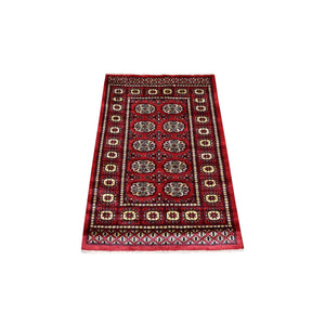 2'6"x4' Extra Soft Wool Hand Knotted Mori Bokara with Geometric Medallions Design Rich Red Oriental Rug FWR416652