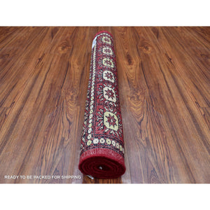 2'6"x4'2" Mori Bokara With Geometric Medallions Design Deep And Rich Red Organic Wool Hand Knotted Oriental Rug FWR416658