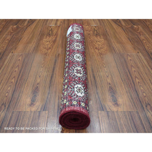 2'6"x4'3" Organic Wool Hand Knotted Mori Bokara With Geometric Medallions Design Deep Red Oriental Rug FWR416682