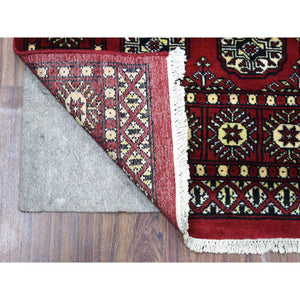 2'4"x9'8" Deep and Rich Red Soft Wool Hand Knotted Mori Bokara with Geometric Medallions Design Oriental Runner Rug FWR416712