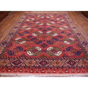 10'x13'9" Soft Wool Hand Knotted Coral Red Afghan Ersari With Geometric Elephant Feet Design Oriental Rug FWR417186