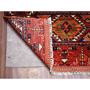10'x13'9" Soft Wool Hand Knotted Coral Red Afghan Ersari With Geometric Elephant Feet Design Oriental Rug FWR417186