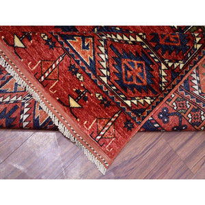 10'x13'9" Soft Wool Hand Knotted Coral Red Afghan Ersari With Geometric Elephant Feet Design Oriental Rug FWR417186