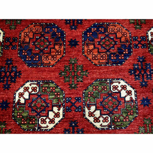 10'x13'9" Soft Wool Hand Knotted Coral Red Afghan Ersari With Geometric Elephant Feet Design Oriental Rug FWR417186