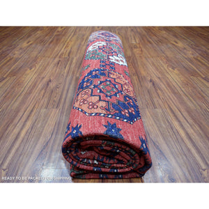 10'x13'9" Soft Wool Hand Knotted Coral Red Afghan Ersari With Geometric Elephant Feet Design Oriental Rug FWR417186