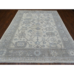 8'x9'10" Ivory Angora Oushak With Leaf Design Hand Knotted Soft And Supple Wool Oriental Rug FWR417804
