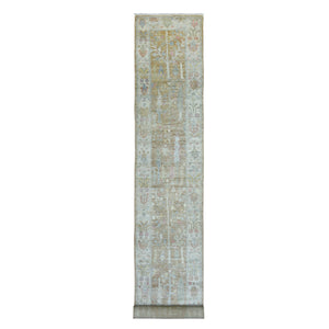 2'9"x19'5" Organic Wool Hand Knotted Almond Brown Angora Oushak with Colorful Willow and Cypress Tree Design Oriental XL Runner Rug FWR419262