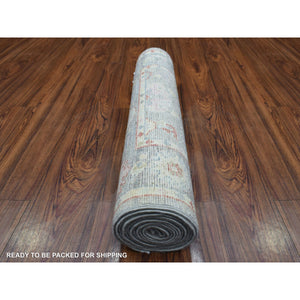 2'7"x12'2" Gray Angora Ushak With Bold Floral Pattern Pure Wool Hand Knotted Oriental Runner Rug FWR419292