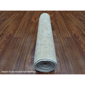 2'8"x11'9" Extra Soft Wool Hand Knotted Silver Angora Oushak With Faded Out Cypress And Willow Tree Design Oriental Runner Rug FWR419358