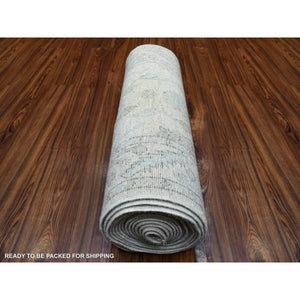 2'6"x19'9" Hand Knotted Gray Angora Oushak Soft Afghan Xl Runner With Serrated Leaf Border Organic Wool Oriental Rug FWR420252