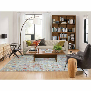 6'x8'8" Hand Knotted Gray Afghan Angora Oushak With Colorful Geometric Medallions Design Soft Wool Oriental Rug FWR420390