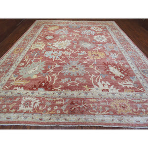 11'9"x14'8" Coral Pink Hand Knotted Afghan Angora Oushak With Beautiful Leaf Design Natural Wool Oriental Rug FWR420840