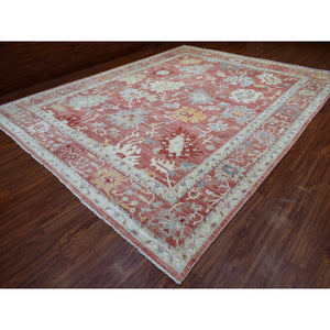 11'9"x14'8" Coral Pink Hand Knotted Afghan Angora Oushak With Beautiful Leaf Design Natural Wool Oriental Rug FWR420840