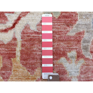 11'9"x14'8" Coral Pink Hand Knotted Afghan Angora Oushak With Beautiful Leaf Design Natural Wool Oriental Rug FWR420840