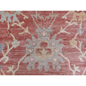 11'9"x14'8" Coral Pink Hand Knotted Afghan Angora Oushak With Beautiful Leaf Design Natural Wool Oriental Rug FWR420840