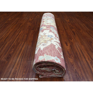11'9"x14'8" Coral Pink Hand Knotted Afghan Angora Oushak With Beautiful Leaf Design Natural Wool Oriental Rug FWR420840