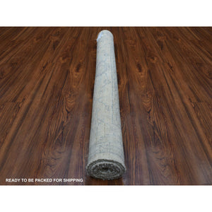 4'x5'10" Silver Gray Hand Knotted Afghan Angora Oushak With Touches Of Blue Soft Wool Oriental Rug FWR420846