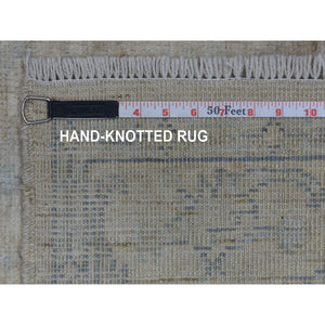 4'x5'10" Silver Gray Hand Knotted Afghan Angora Oushak With Touches Of Blue Soft Wool Oriental Rug FWR420846
