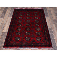 Load image into Gallery viewer, 2&#39;9&quot;x3&#39;10&quot; Ruby Red, Princess Bokara With Geometric Medallions Design, Vegetable Dyes, 100% Wool, Hand Knotted, Mat, Sample, Oriental Rug S702