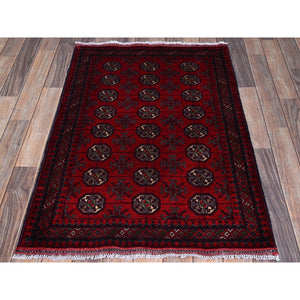 2'9"x3'10" Ruby Red, Princess Bokara With Geometric Medallions Design, Vegetable Dyes, 100% Wool, Hand Knotted, Mat, Sample, Oriental Rug S702