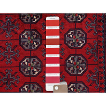 Load image into Gallery viewer, 2&#39;9&quot;x3&#39;10&quot; Ruby Red, Princess Bokara With Geometric Medallions Design, Vegetable Dyes, 100% Wool, Hand Knotted, Mat, Sample, Oriental Rug S702